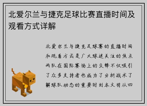北爱尔兰与捷克足球比赛直播时间及观看方式详解